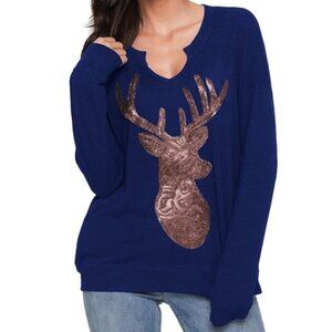 Navy Blue Sequin Christmas Reindeer Top